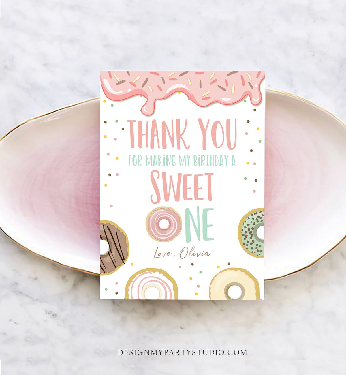 Editable Donut Thank You Card Note Pink Pastel Girl Birthday Party Doughnut Thank You Photo Sweet One Birthday Corjl Template Printable 0320