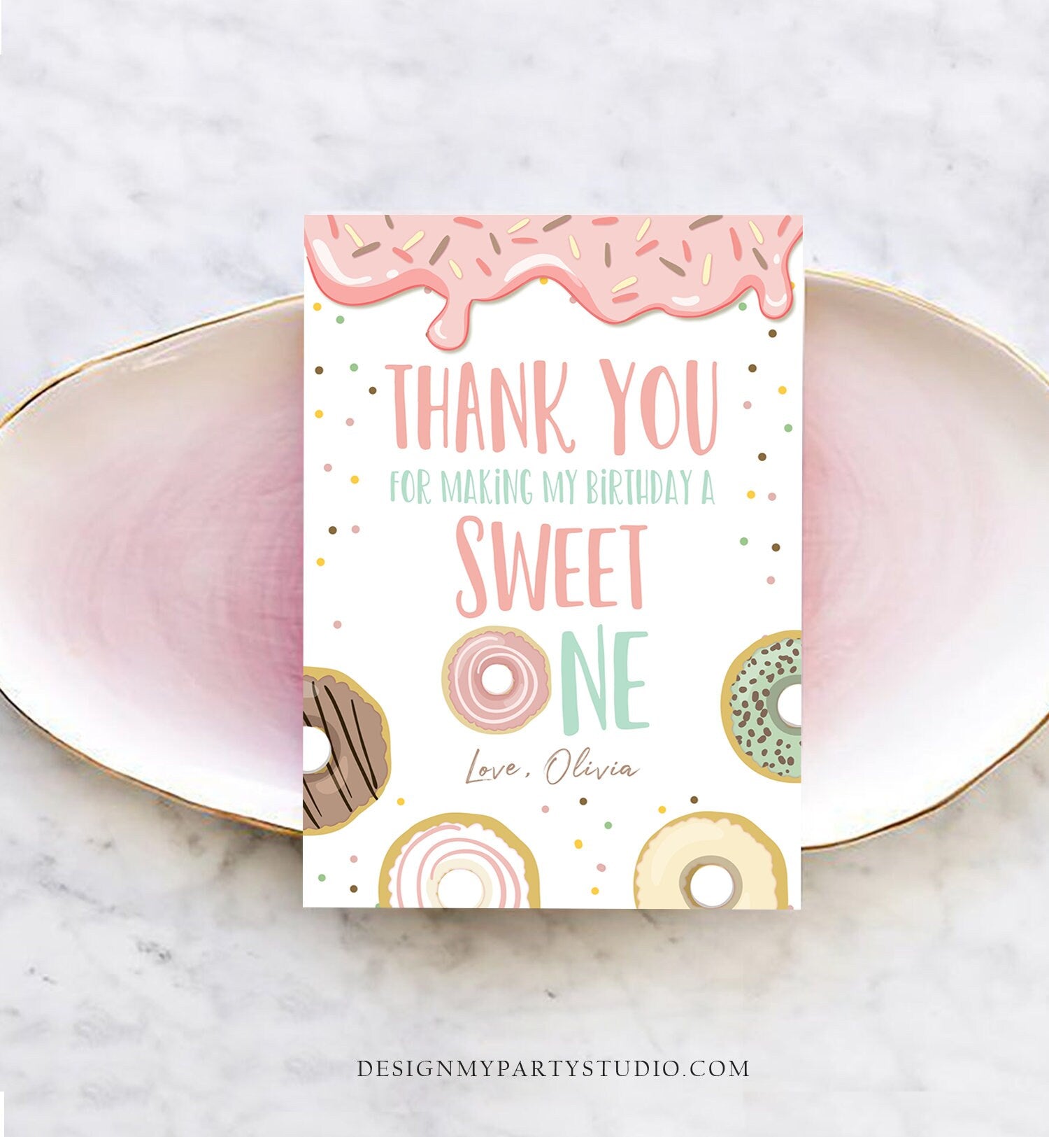 Editable Donut Thank You Card Note Pink Pastel Girl Birthday Party Doughnut Thank You Photo Sweet One Birthday Corjl Template Printable 0320