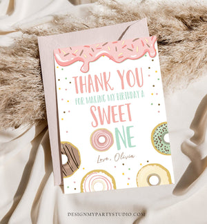 Editable Donut Thank You Card Note Pink Pastel Girl Birthday Party Doughnut Thank You Photo Sweet One Birthday Corjl Template Printable 0320