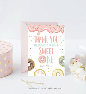 Editable Donut Thank You Card Note Pink Pastel Girl Birthday Party Doughnut Thank You Photo Sweet One Birthday Corjl Template Printable 0320