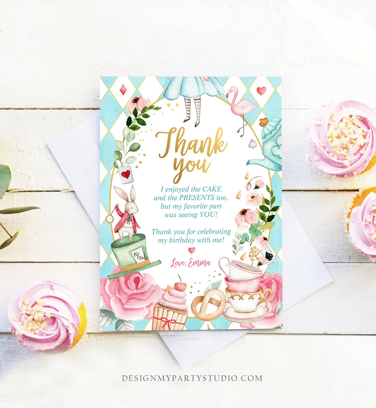 Editable Alice In Wonderland Thank You Card Girl Blue First Birthday Onederland Tea Party Thank You Printable Template Corjl Digital 0350