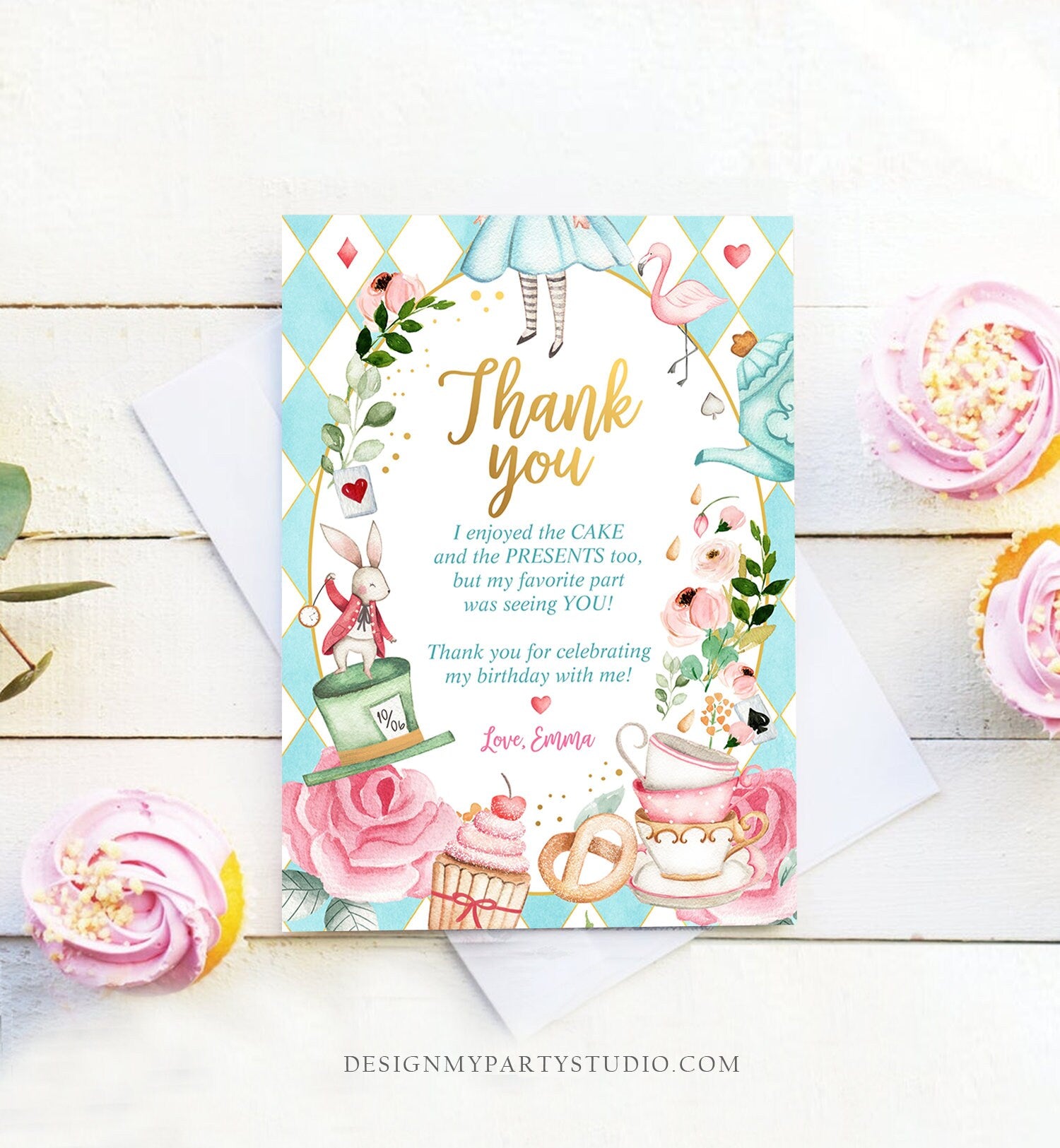 Editable Alice In Wonderland Thank You Card Girl Blue First Birthday Onederland Tea Party Thank You Printable Template Corjl Digital 0350