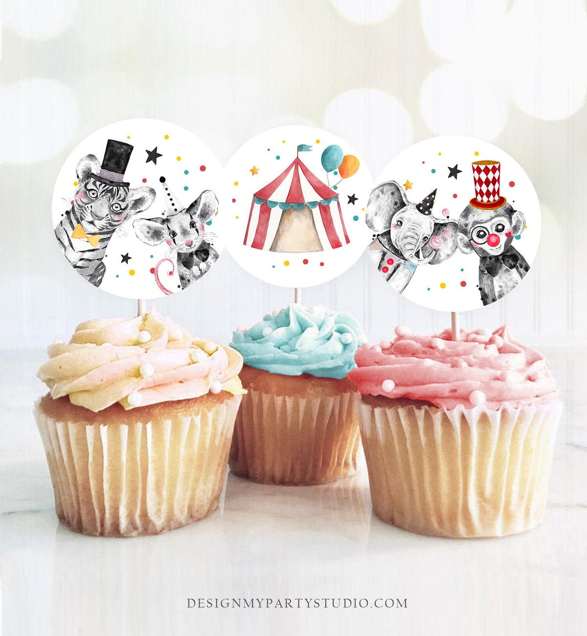 Circus Cupcake Toppers Favor Tags Circus Birthday Party Decor Carnival Circus Animals Big Top Carousel Download Digital PRINTABLE 0355
