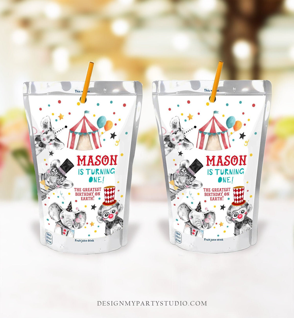 Editable Circus Capri Sun Labels Juice Pouch Labels Carnival Birthday Big Top Boy Birthday Decor Come Download Corjl Template Printable 0355