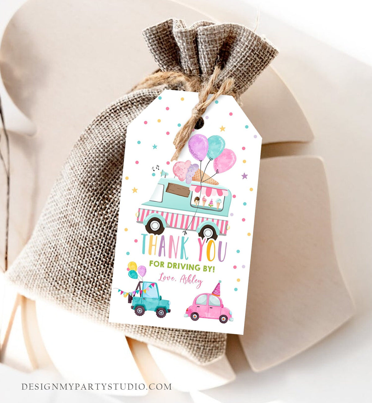 Editable Ice Cream Truck Favor Tag Drive By Birthday Party Parade Cars Balloons Thank You Gift Tags Pink Girl Corjl Template Printable 0243