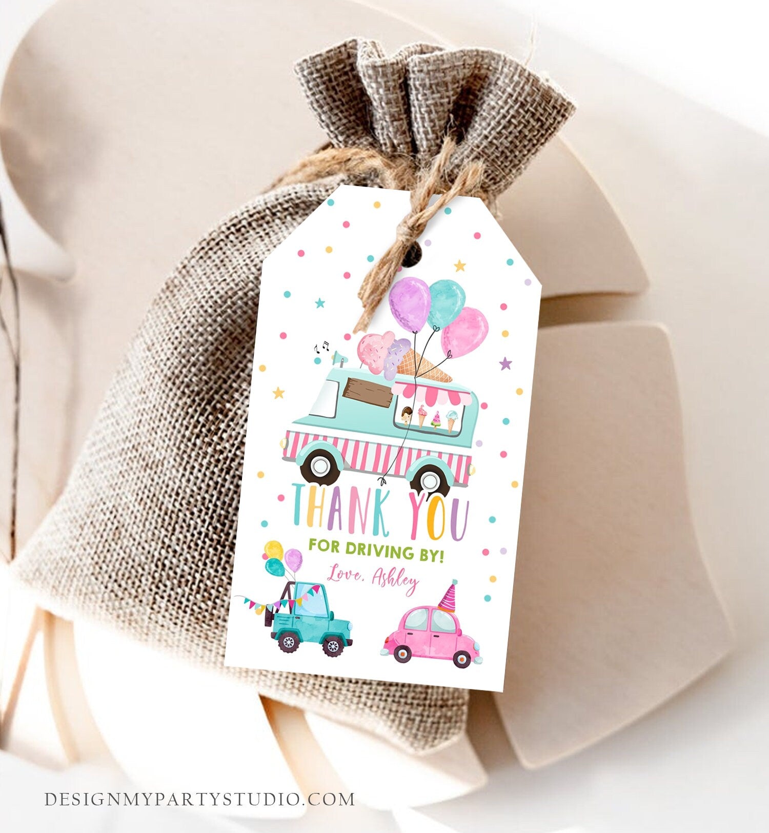 Editable Ice Cream Truck Favor Tag Drive By Birthday Party Parade Cars Balloons Thank You Gift Tags Pink Girl Corjl Template Printable 0243