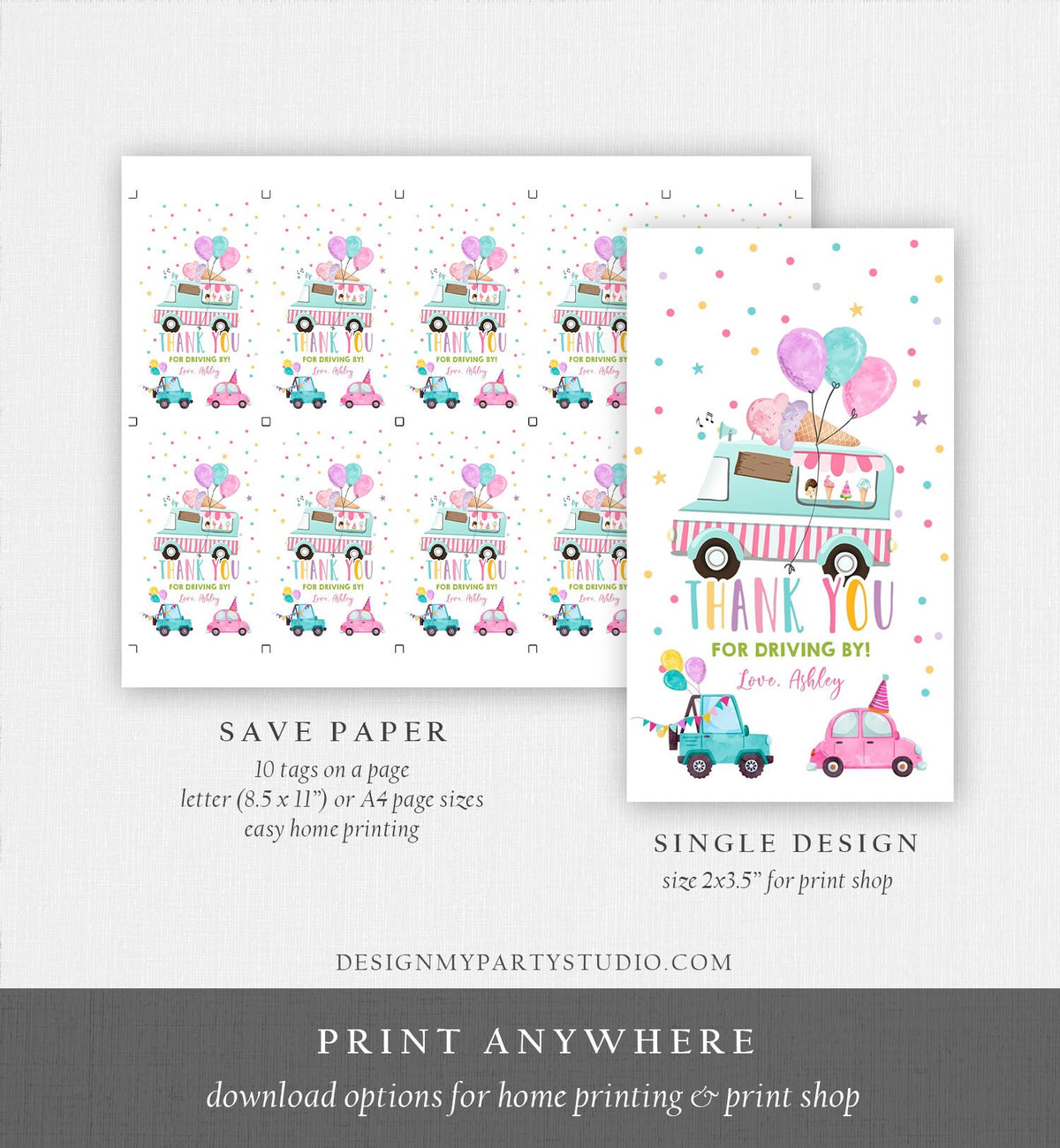 Editable Ice Cream Truck Favor Tag Drive By Birthday Party Parade Cars Balloons Thank You Gift Tags Pink Girl Corjl Template Printable 0243