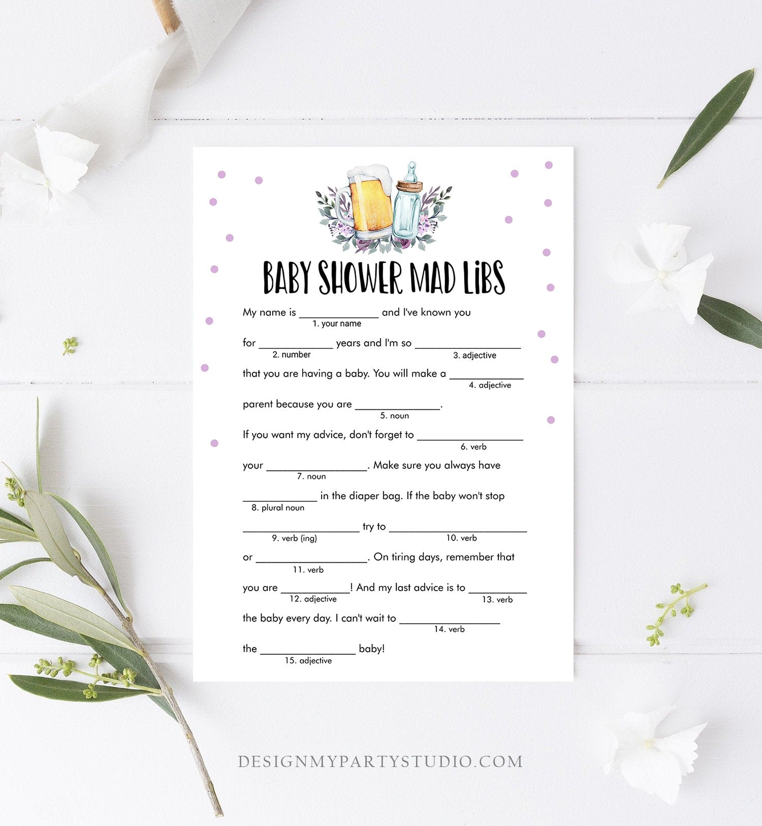 Editable Mad Libs Baby Shower Game Greenery Advice Mom to Be Baby is Brewing Shower Purple Beer Bottle Corjl Template Printable 0190