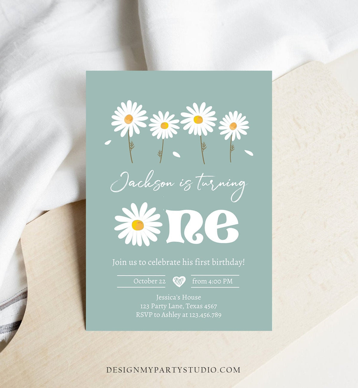 Editable Daisy Birthday Party Invitation 1st Birthday One Party Bohemian Boy First Dusty Blue Download Printable Template Corjl Digital 0410