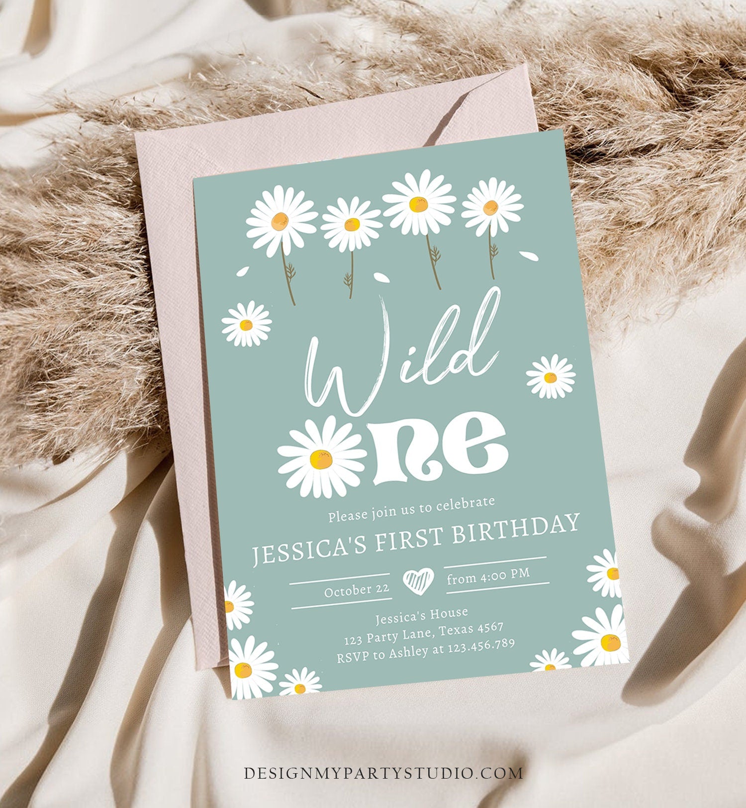 Editable Daisy Birthday Party Invitation Wild One Floral Girl Boho Dusty Blue First Birthday 1st Download Template Corjl Printable 0410