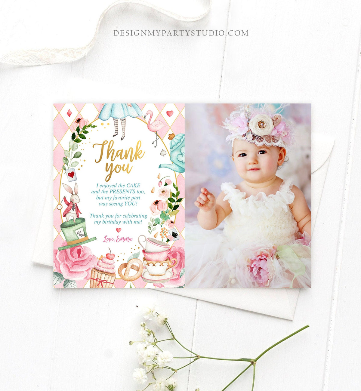 Editable Alice In Wonderland Thank You Card Girl First Birthday 1st Onederland Tea Party Thank You Printable Template Corjl Digital 0350