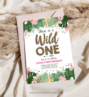 Editable Wild One Birthday Invitation Girl Tropical Safari Leopard Print Wild Child 1st Birthday Download Corjl Template Printable 0332