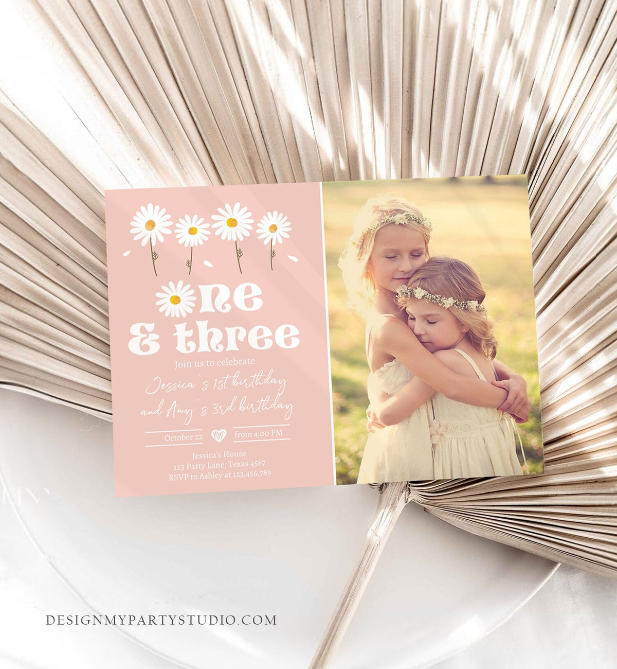 Editable Daisy Birthday Party Invitation 1st Birthday One and Three Party Boho Girl Sisters Download Printable Template Corjl Digital 0410