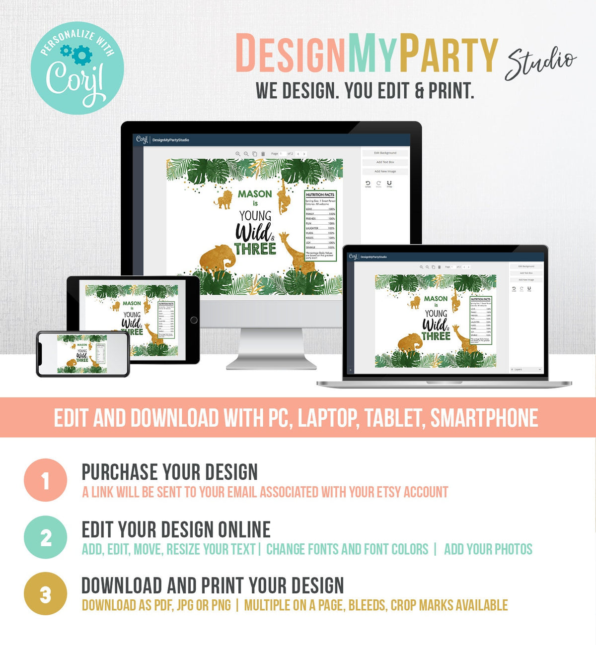 Editable Safari Animals Chip Bag Young Wild and Three Party Boy Third Birthday 3rd Party Snack Favors Gold Corjl Template Printable 0016