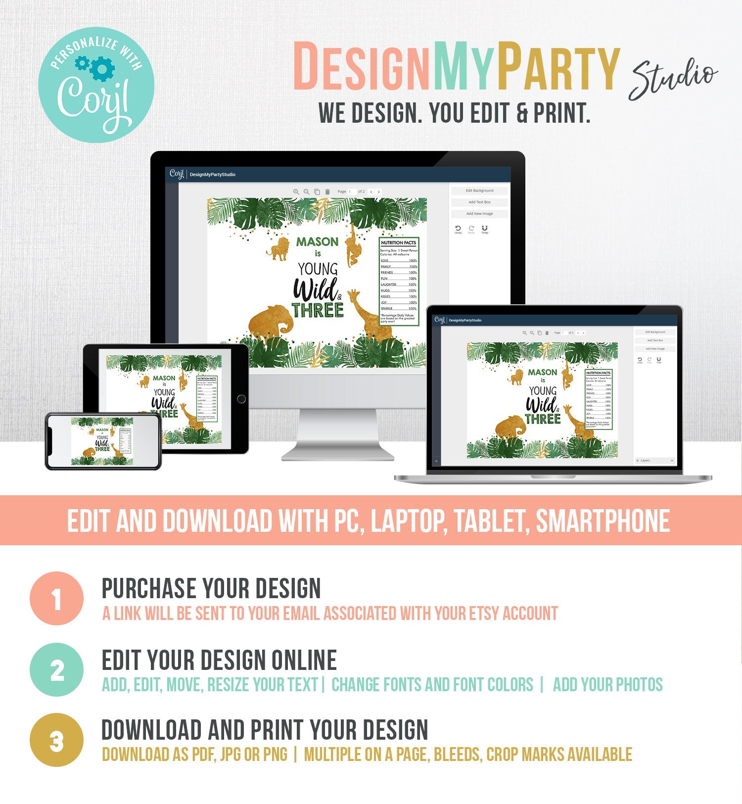 Editable Safari Animals Chip Bag Young Wild and Three Party Boy Third Birthday 3rd Party Snack Favors Gold Corjl Template Printable 0016