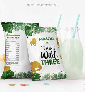 Editable Safari Animals Chip Bag Young Wild and Three Party Boy Third Birthday 3rd Party Snack Favors Gold Corjl Template Printable 0016