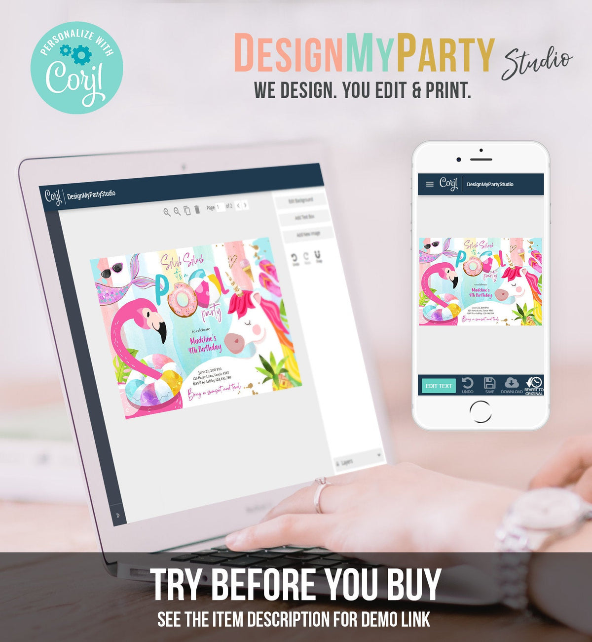 Editable Pool Party Invitation Pool Party Bash Invite Girl Pink Unicorn Float Flamingo Tropical Download Printable Template Corjl 0416