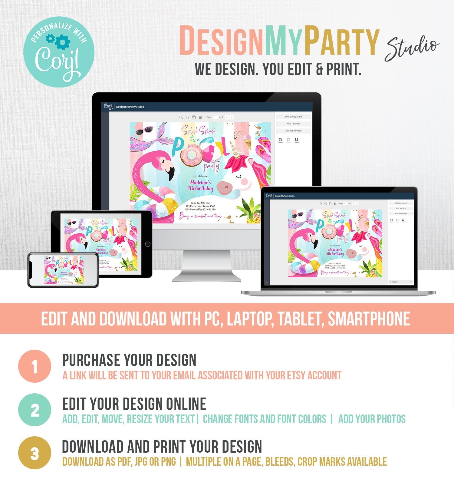 Editable Pool Party Invitation Pool Party Bash Invite Girl Pink Unicorn Float Flamingo Tropical Download Printable Template Corjl 0416