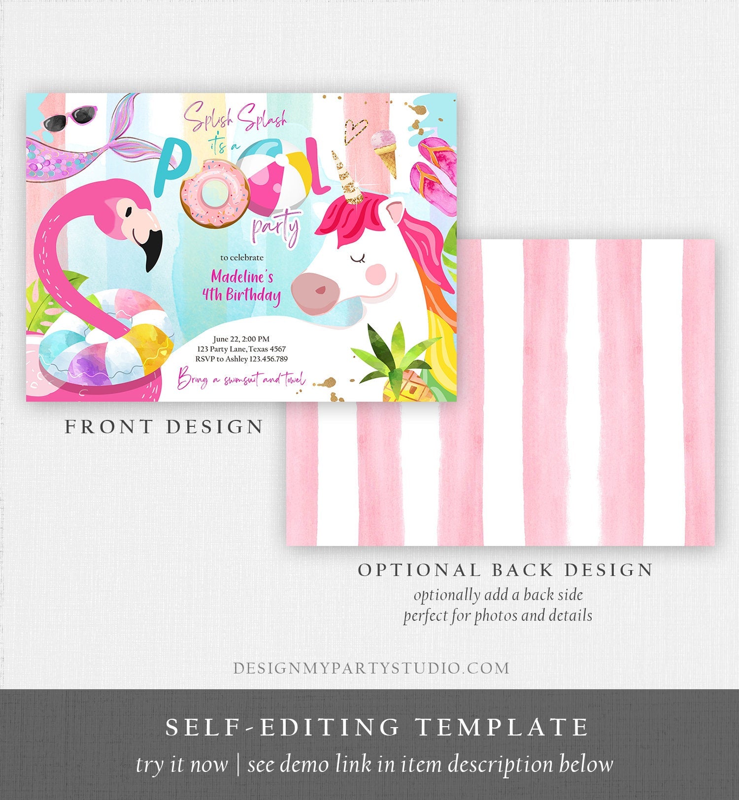 Editable Pool Party Invitation Pool Party Bash Invite Girl Pink Unicorn Float Flamingo Tropical Download Printable Template Corjl 0416