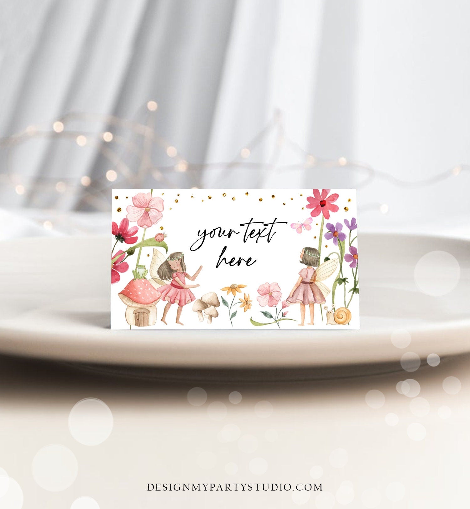 Editable Fairy Garden Food Labels Fairy Birthday Place Card Tent Card Escort Card Magical Fairy Forest Girl Printable Template Corjl 0406