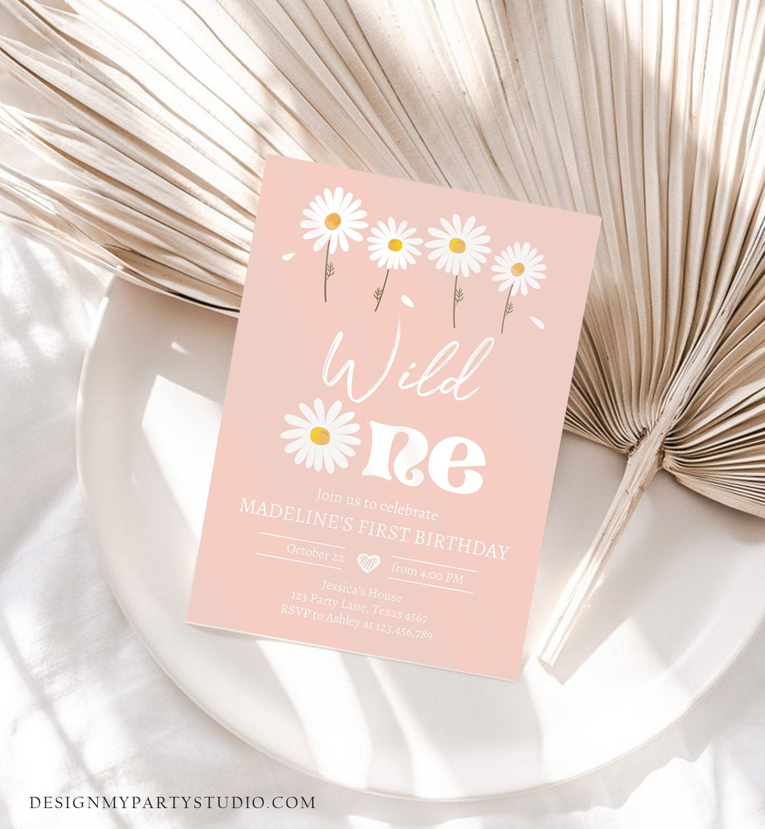 Editable Daisy Birthday Party Invitation 1st Birthday Wild One Floral Girl Boho Pink First Download Printable Template Corjl Digital 0410