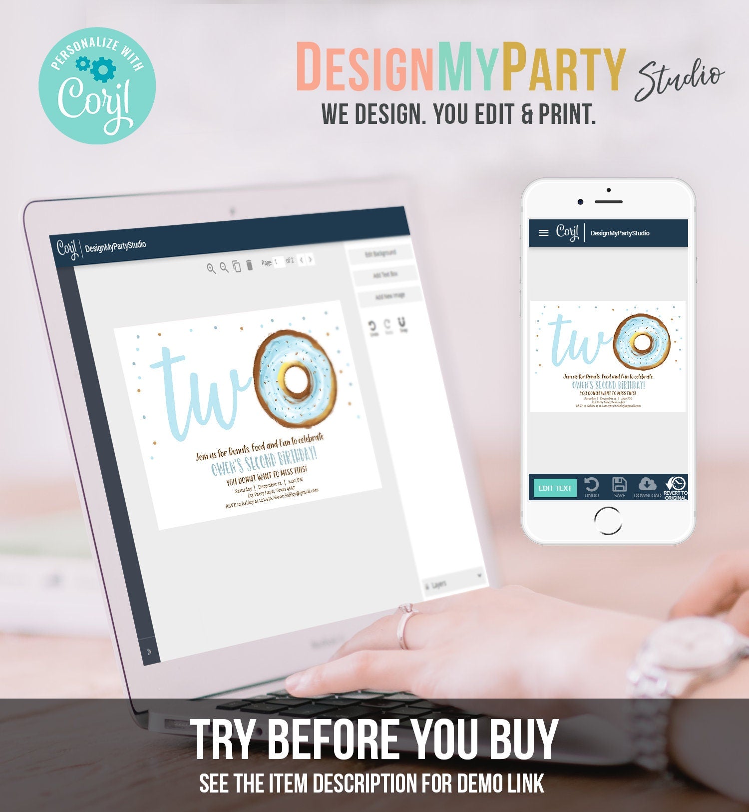 Editable Donut Birthday Invitation Donut 2nd Birthday Invite Blue Donut Two Sweet Blue Second Instant Download Printable Template Corjl 0368