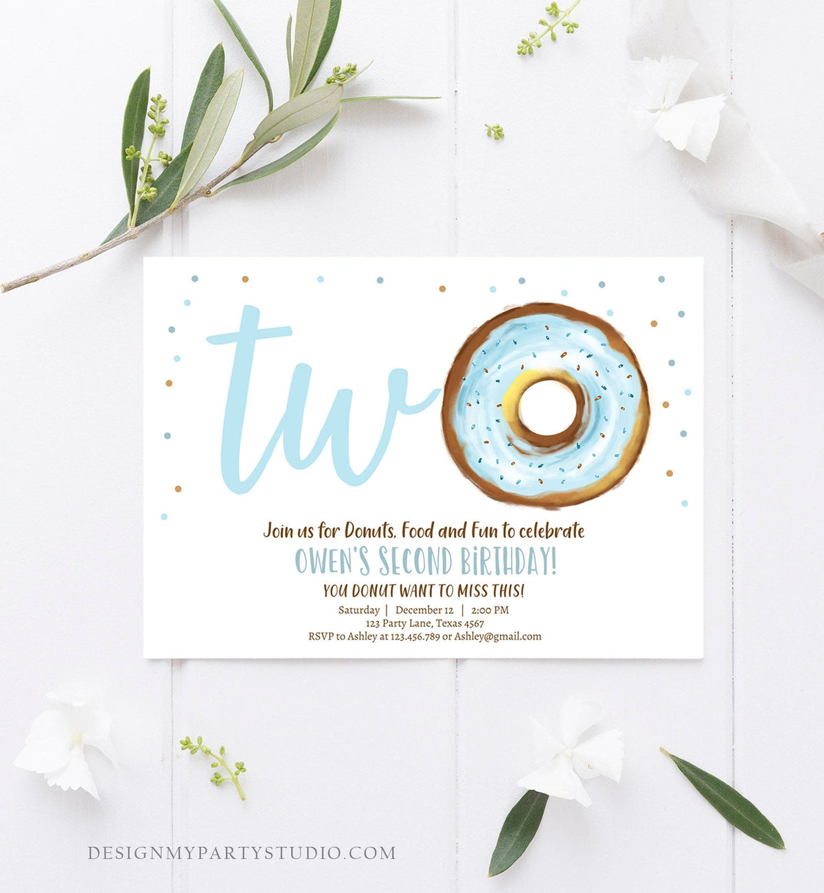 Editable Donut Birthday Invitation Donut 2nd Birthday Invite Blue Donut Two Sweet Blue Second Instant Download Printable Template Corjl 0368