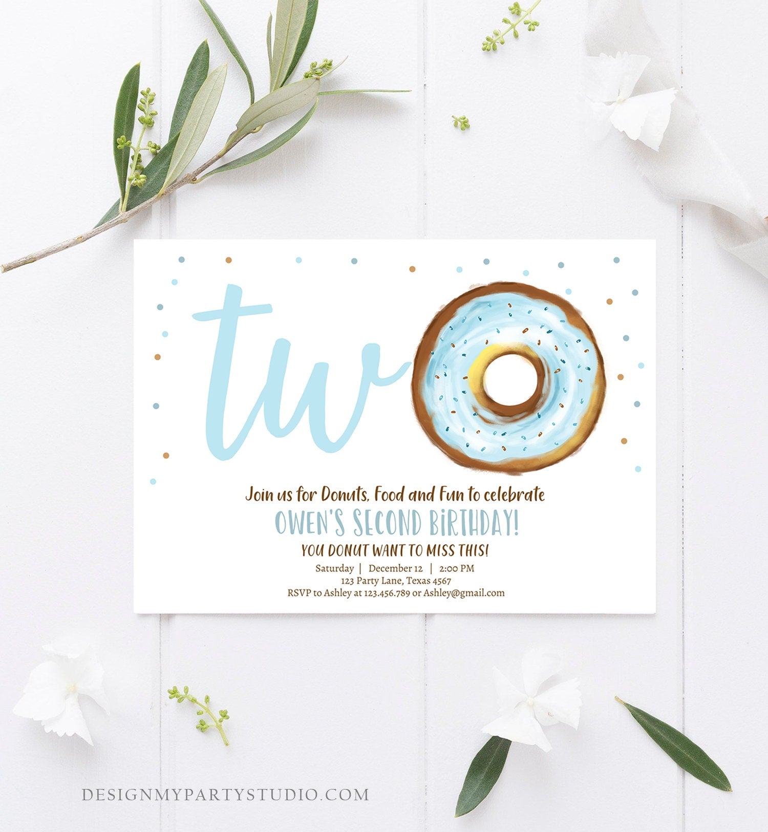 Editable Donut Birthday Invitation Donut 2nd Birthday Invite Blue Donut Two Sweet Blue Second Instant Download Printable Template Corjl 0368