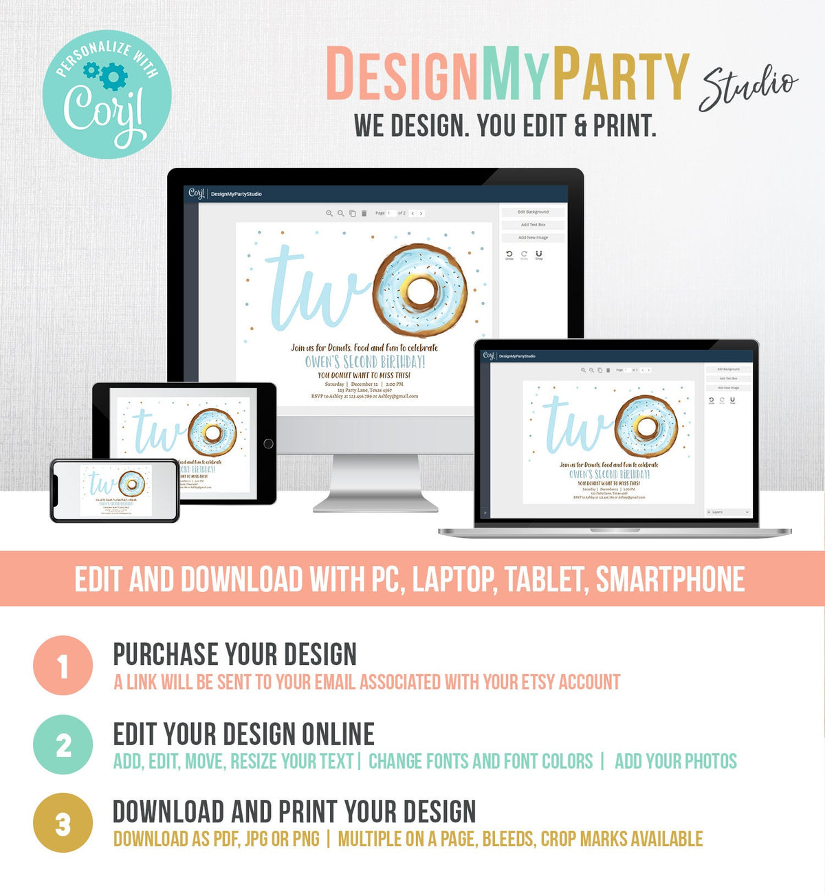 Editable Donut Birthday Invitation Donut 2nd Birthday Invite Blue Donut Two Sweet Blue Second Instant Download Printable Template Corjl 0368