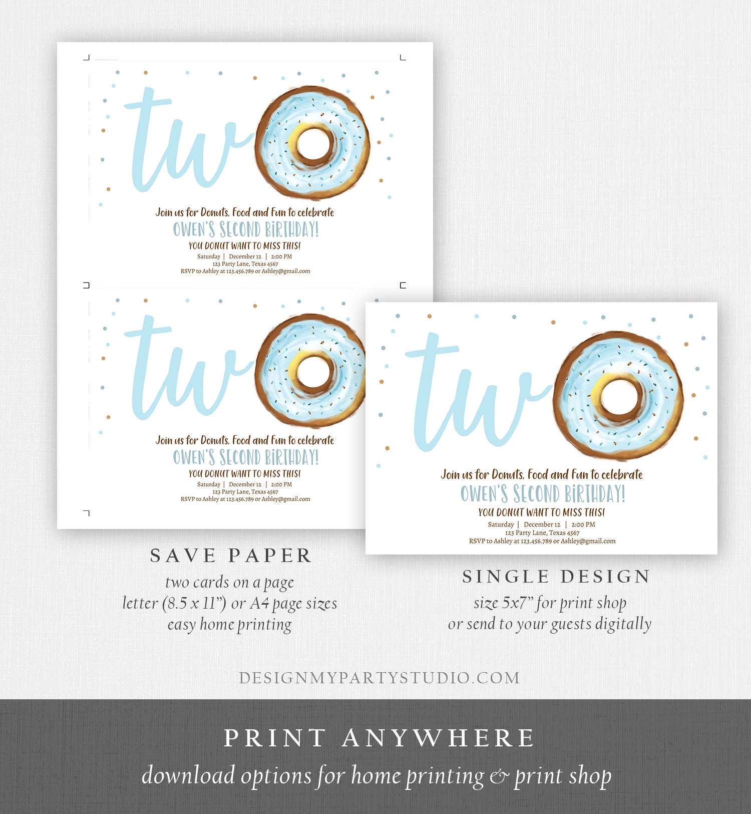 Editable Donut Birthday Invitation Donut 2nd Birthday Invite Blue Donut Two Sweet Blue Second Instant Download Printable Template Corjl 0368