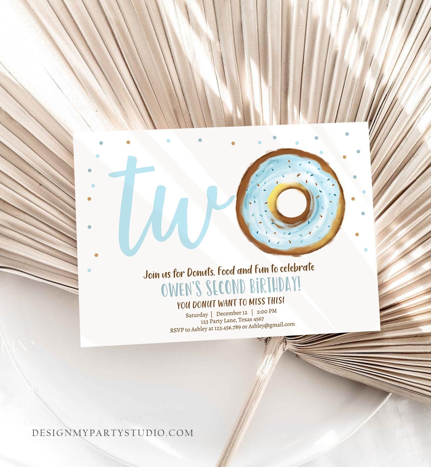 Editable Donut Birthday Invitation Donut 2nd Birthday Invite Blue Donut Two Sweet Blue Second Instant Download Printable Template Corjl 0368