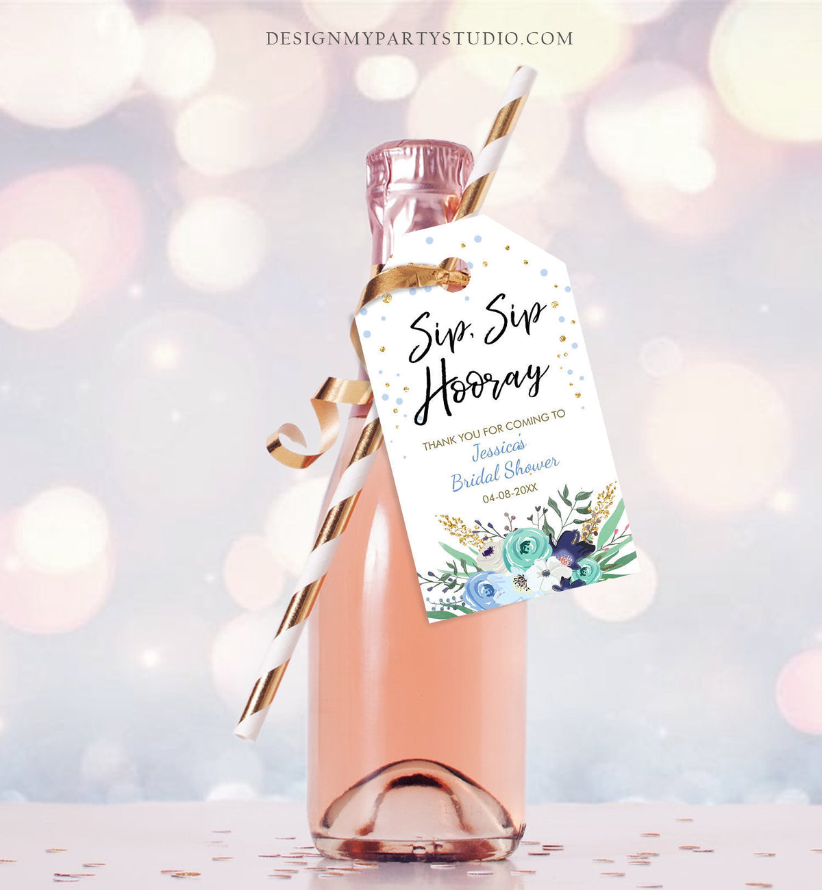 Editable Sip Sip Hooray Bridal Shower Thank You Tags Mini Wine Champagne Bottle Favor Wedding Blue Floral Gold Confetti Corjl Template 0059