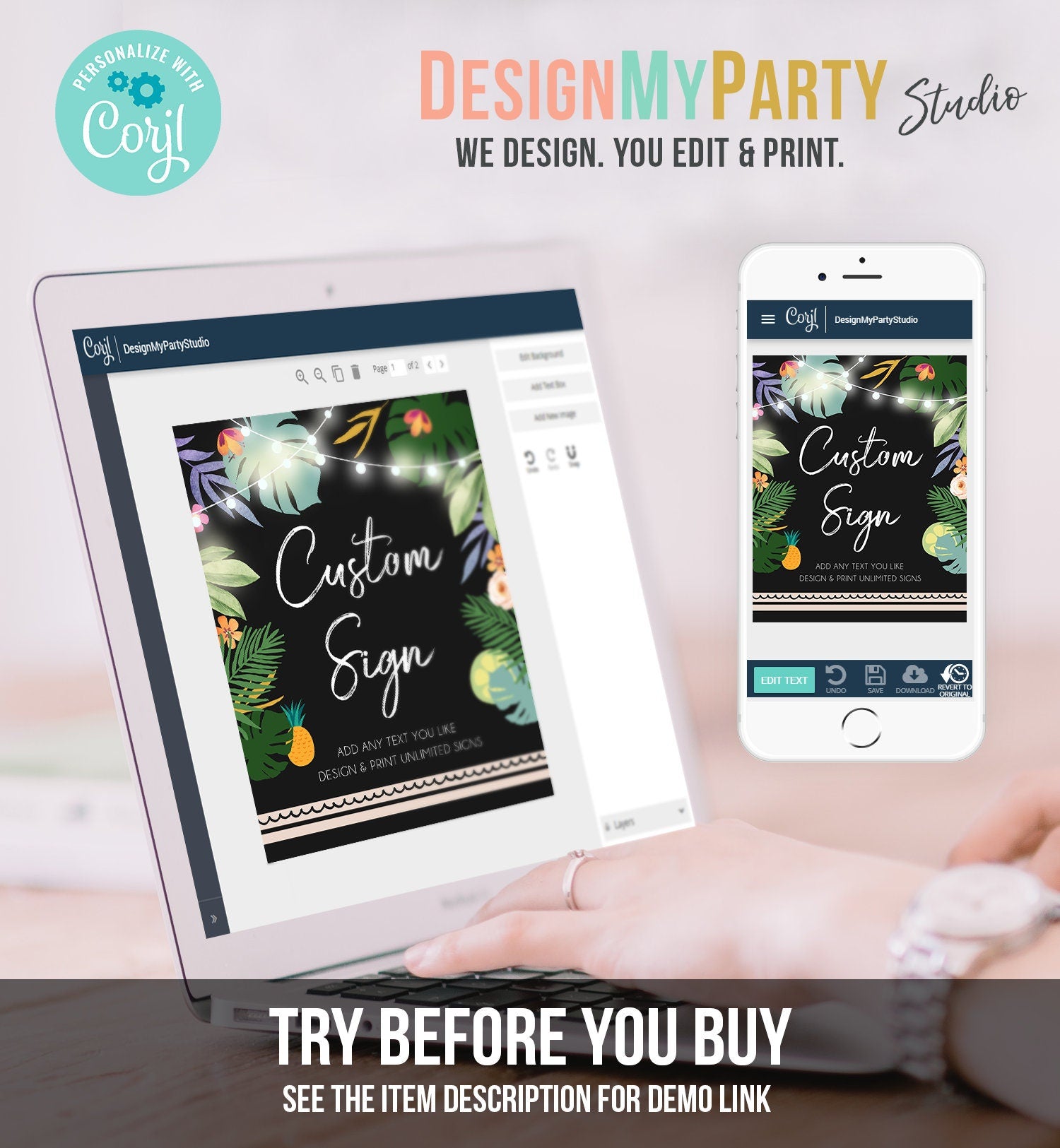 Editable Custom Sign Tropical Hawaiian Sign Luau Party Decor Table Sign Birthday Shower Palm Leaves Corjl Template Printable 8x10 0183