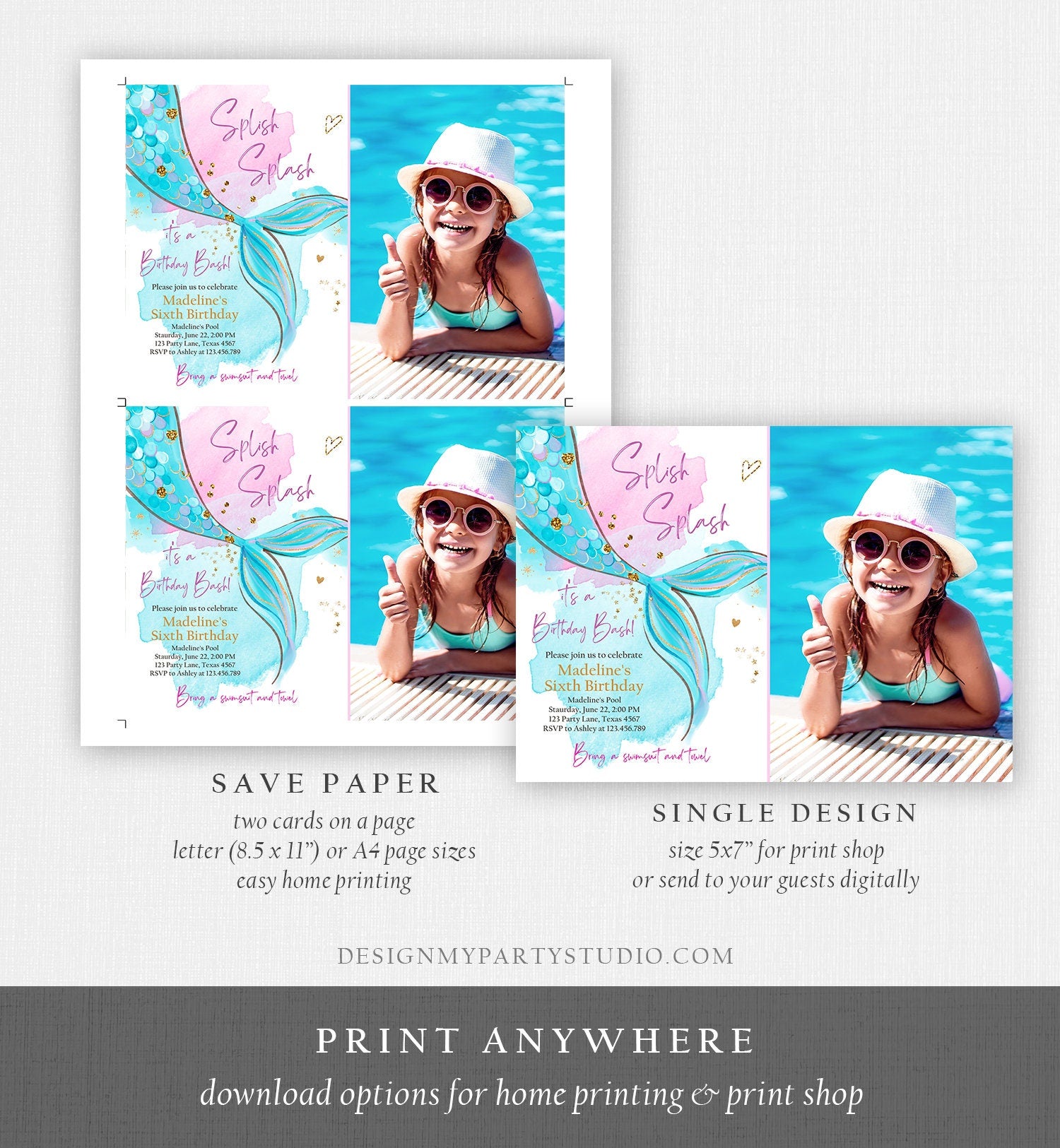Editable Mermaid Birthday Party Invitation Girl Pink Aqua Blue Gold Mermaid Birthday Under The Sea Download Printable Template Corjl 0403