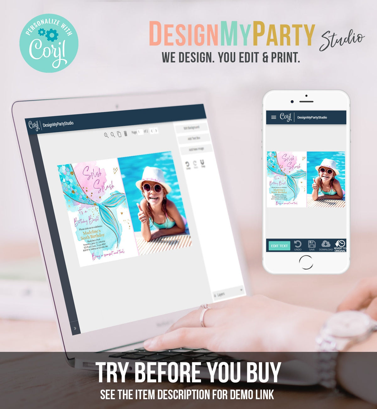 Editable Mermaid Birthday Party Invitation Girl Pink Aqua Blue Gold Mermaid Birthday Under The Sea Download Printable Template Corjl 0403