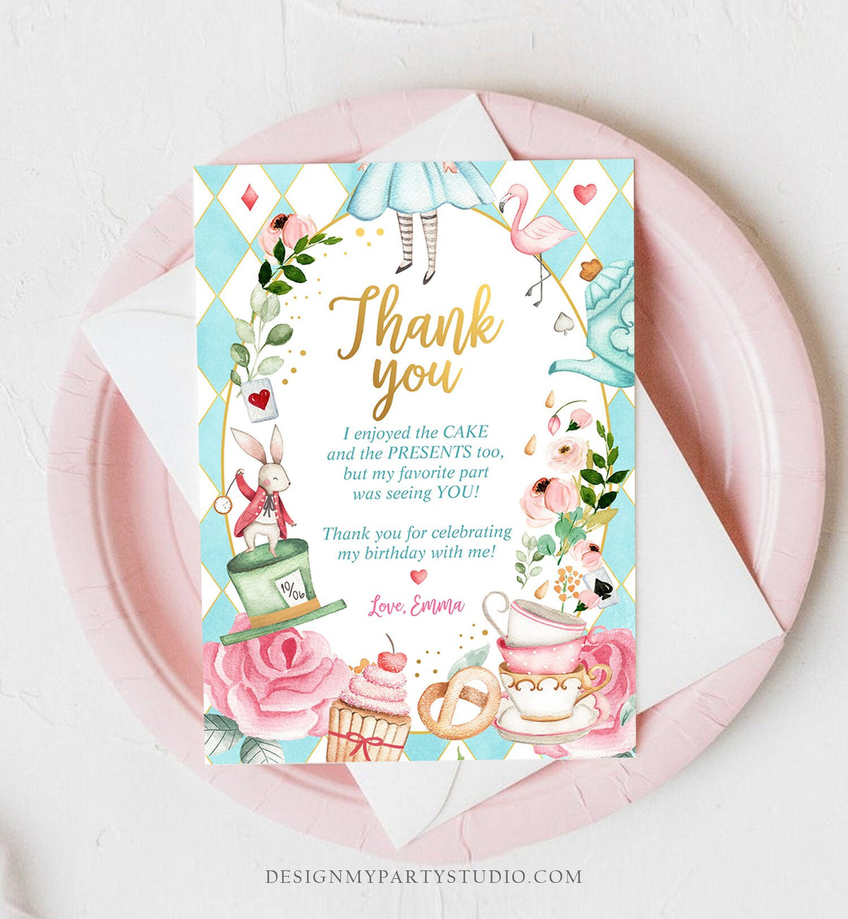 Editable Alice In Wonderland Thank You Card Girl Blue First Birthday Onederland Tea Party Thank You Printable Template Corjl Digital 0350