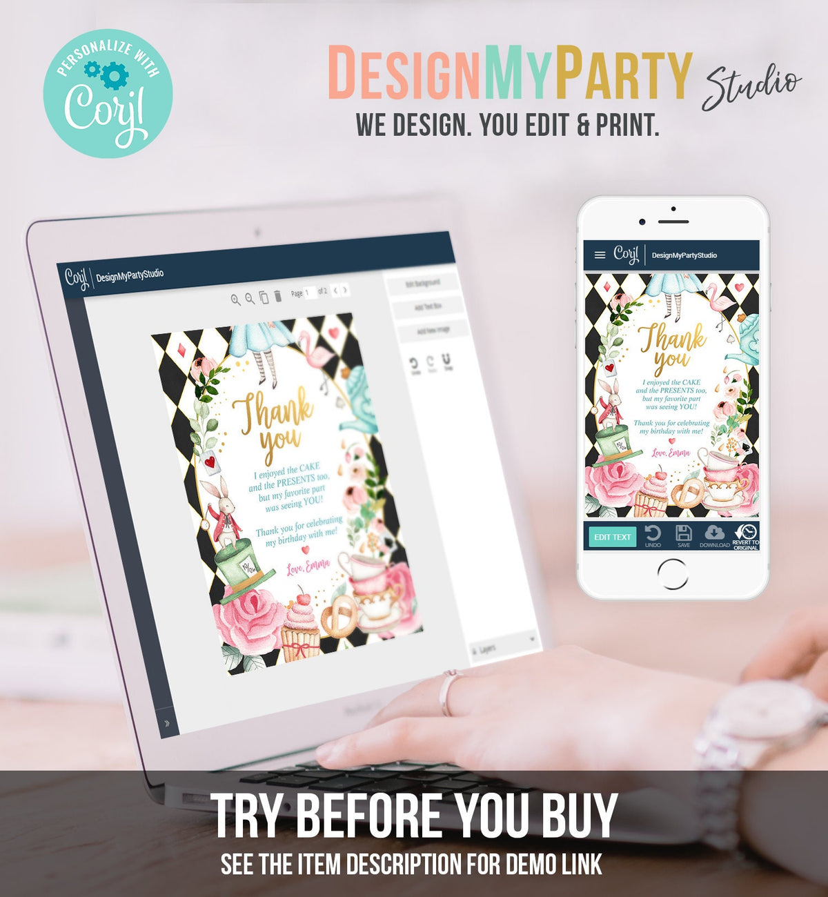 Editable Alice In Wonderland Thank You Card Girl Blue First Birthday Onederland Tea Party Thank You Printable Template Corjl Digital 0350