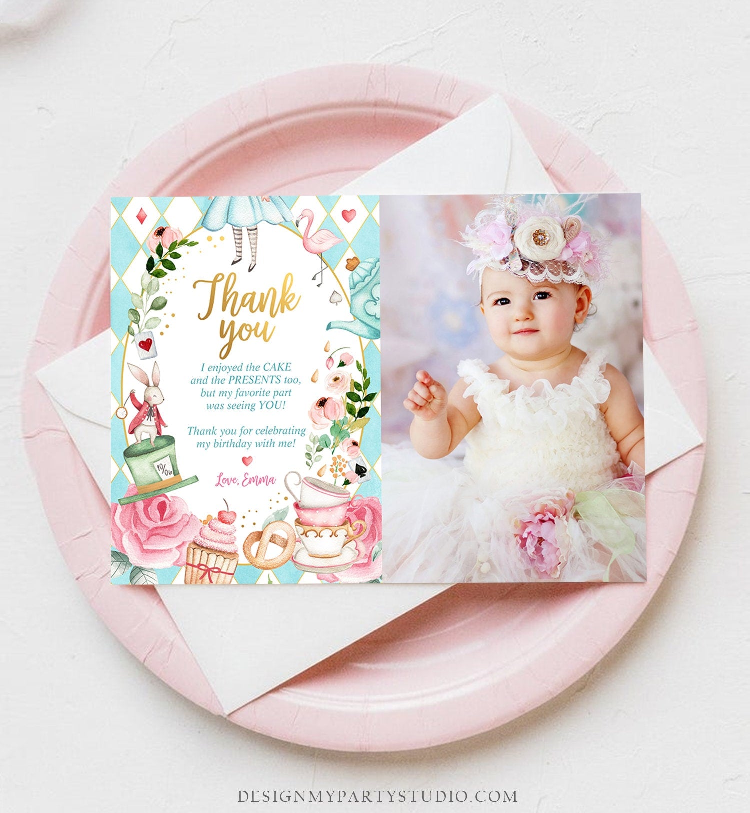 Editable Alice In Wonderland Thank You Card Girl Blue First Birthday Onederland Tea Party Thank You Printable Template Corjl Digital 0350
