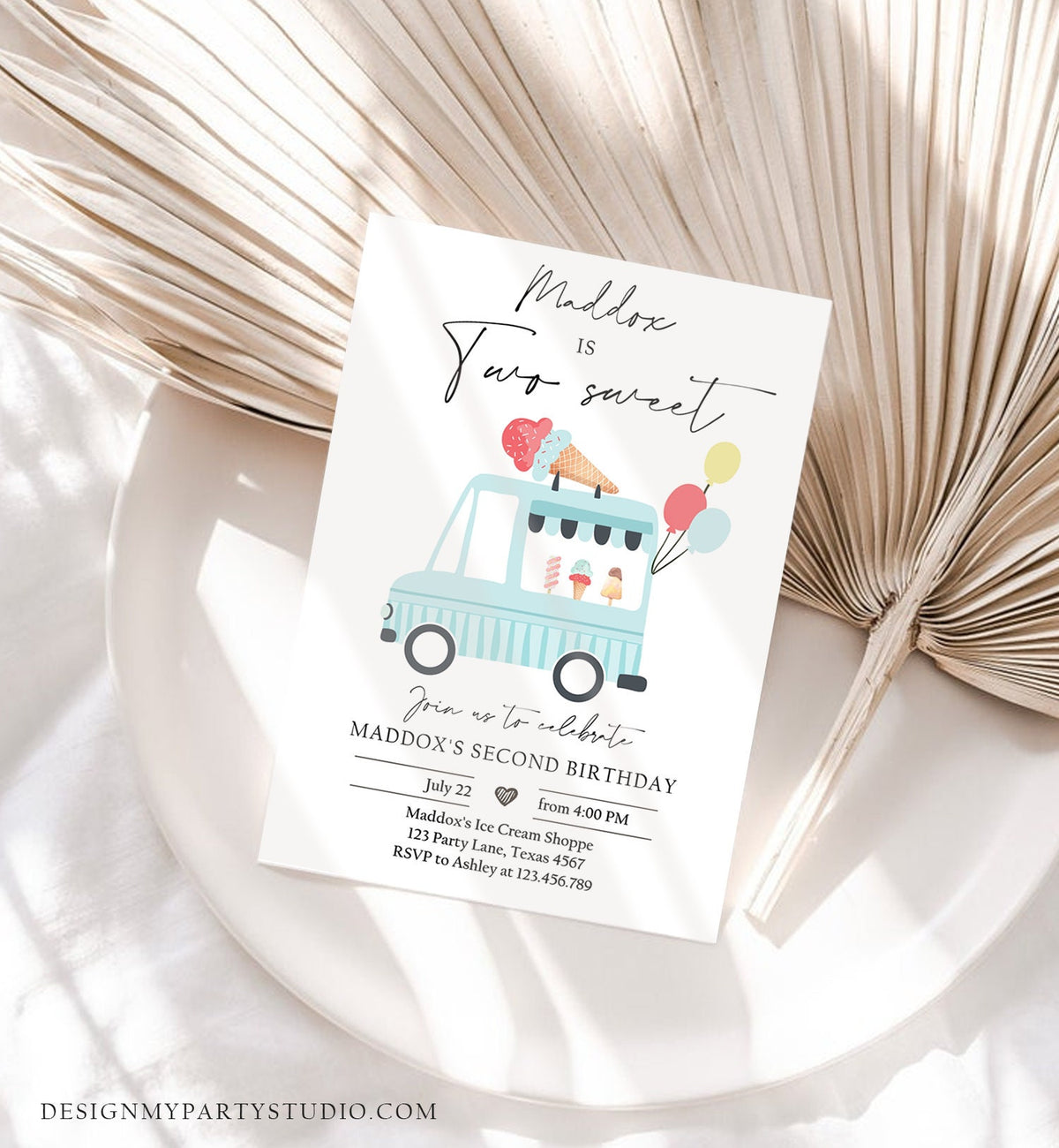 Editable Ice Cream Truck Birthday Invitation Ice Cream Two Sweet Modern 2nd Birthday Party Two Second Download Printable Template Corjl 0415