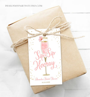 Editable Sip Sip Hooray Favor Tag Brunch and Bubbly Bridal Shower Thank You Blush Pink Gold Champagne Floral Corjl Template Printable 0150