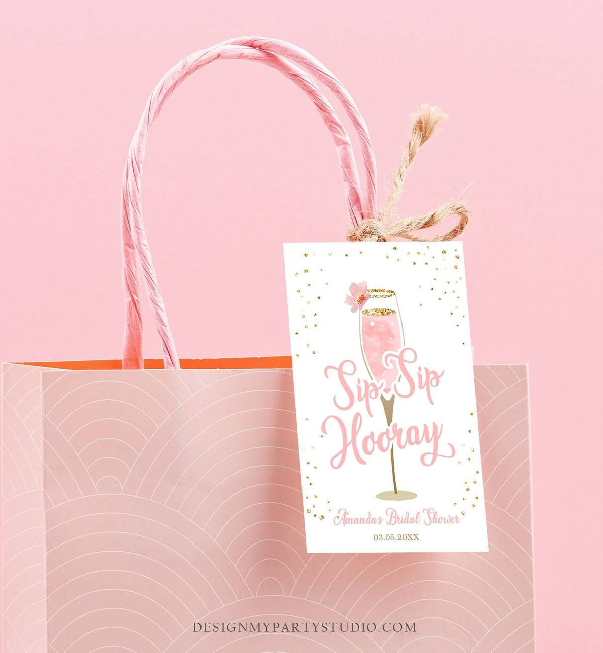 Editable Sip Sip Hooray Favor Tag Brunch and Bubbly Bridal Shower Thank You Blush Pink Gold Champagne Floral Corjl Template Printable 0150