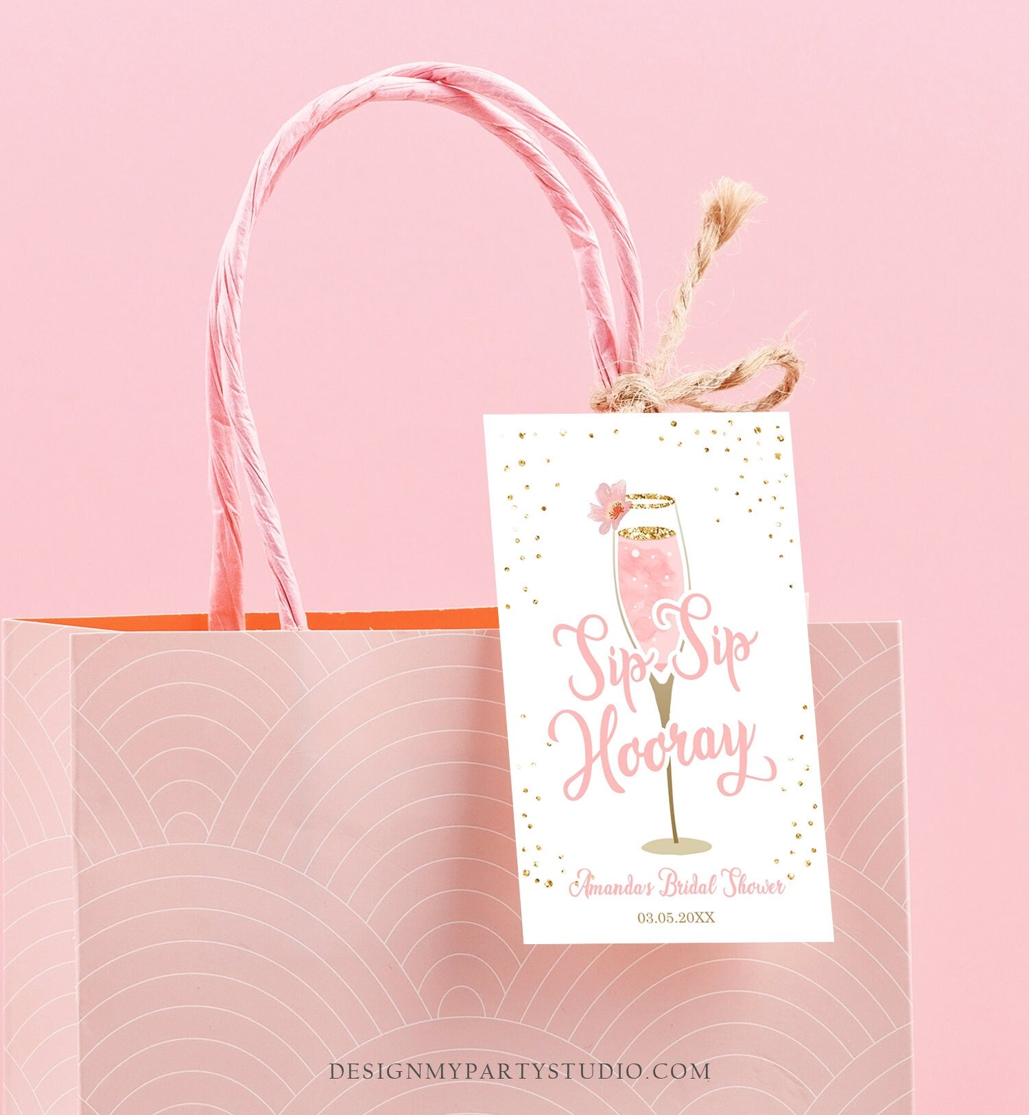 Editable Sip Sip Hooray Favor Tag Brunch and Bubbly Bridal Shower Thank You Blush Pink Gold Champagne Floral Corjl Template Printable 0150