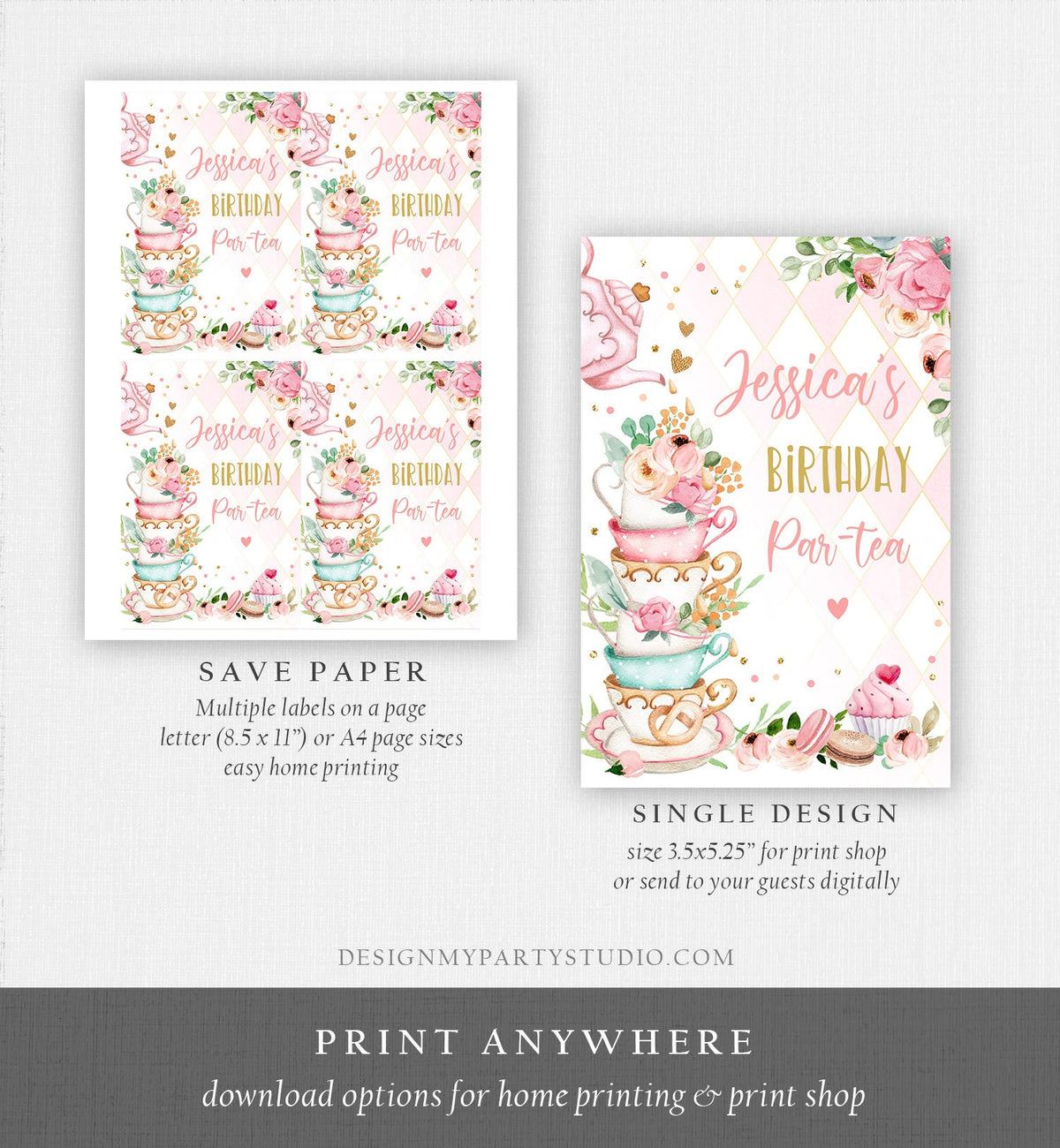 Editable Tea Party Capri Sun Labels Juice Pouch Labels Floral Tea Birthday Girl Pink Gold Par-tea Download Corjl Template Printable 0349