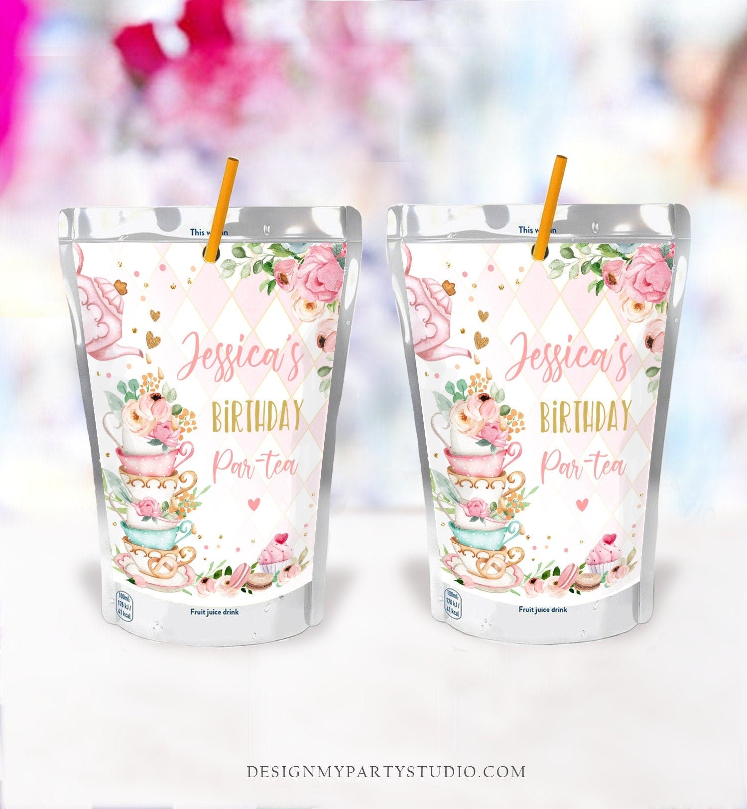Editable Tea Party Capri Sun Labels Juice Pouch Labels Floral Tea Birt - Design My Party Studio for Free Printable Capri Sun Label Template Free