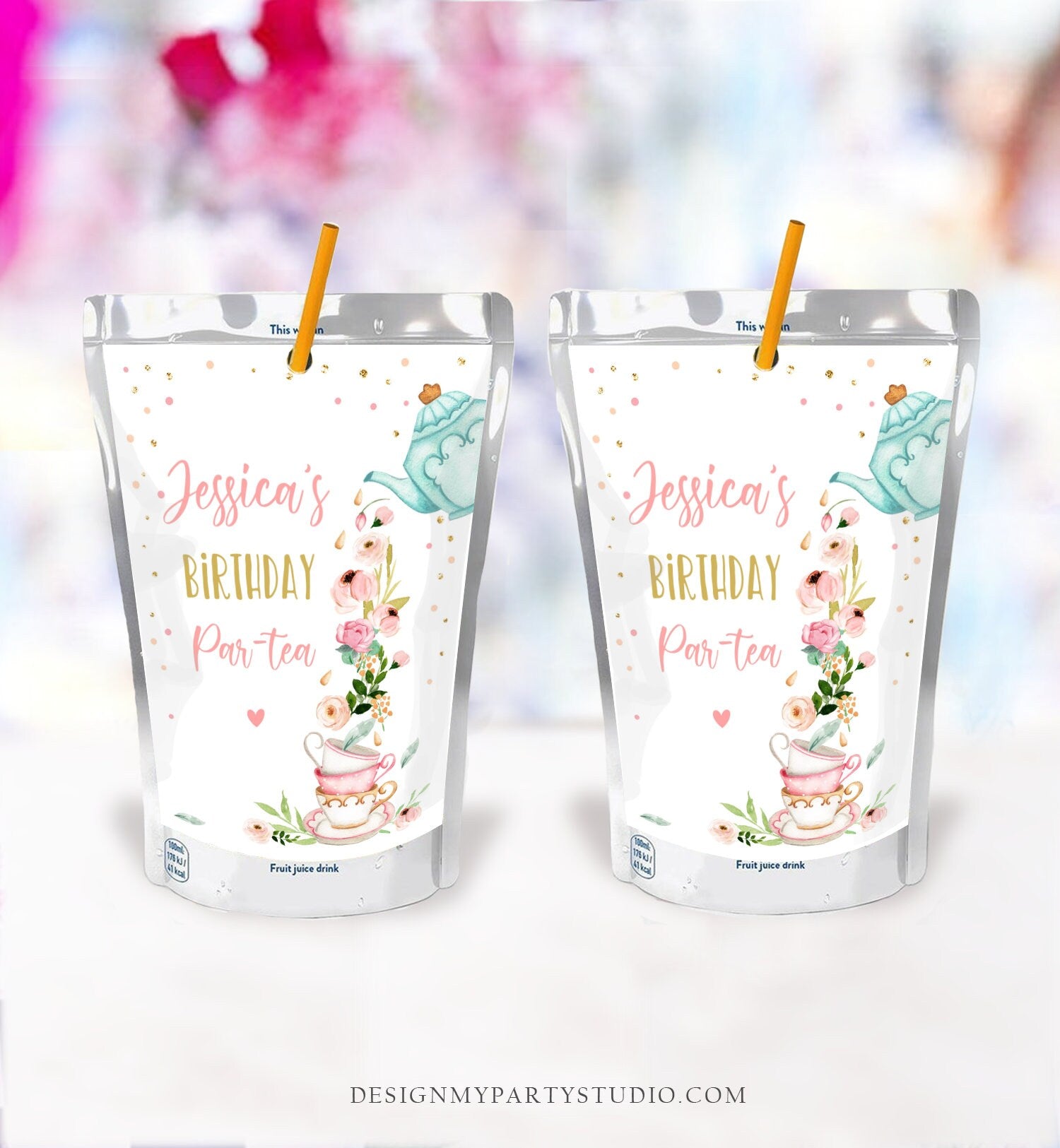 Editable Tea Party Capri Sun Labels Juice Pouch Labels Floral Tea Birthday Girl Pink Gold Par-tea Download Corjl Template Printable 0349