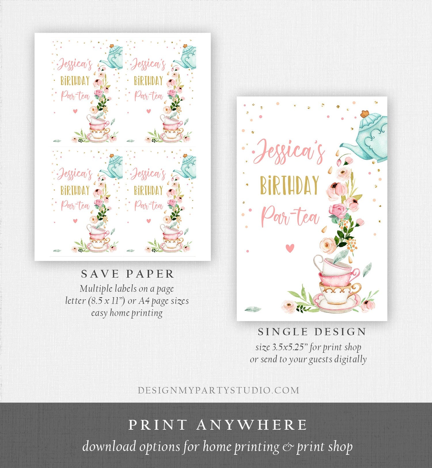 Editable Tea Party Capri Sun Labels Juice Pouch Labels Floral Tea Birthday Girl Pink Gold Par-tea Download Corjl Template Printable 0349