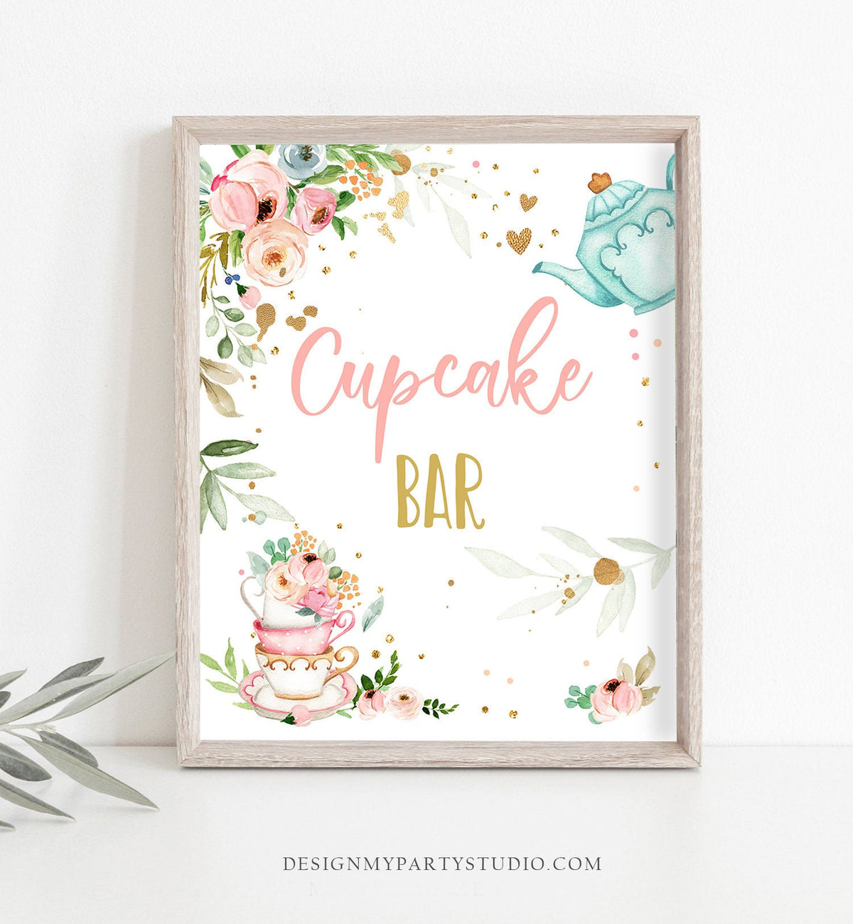 Cupcake Bar Sign Tea Birthday Party Sign Pink Gold Floral Tea Birthday Desserts Table Sign Favor Decorations Instant Download PRINTABLE 0349
