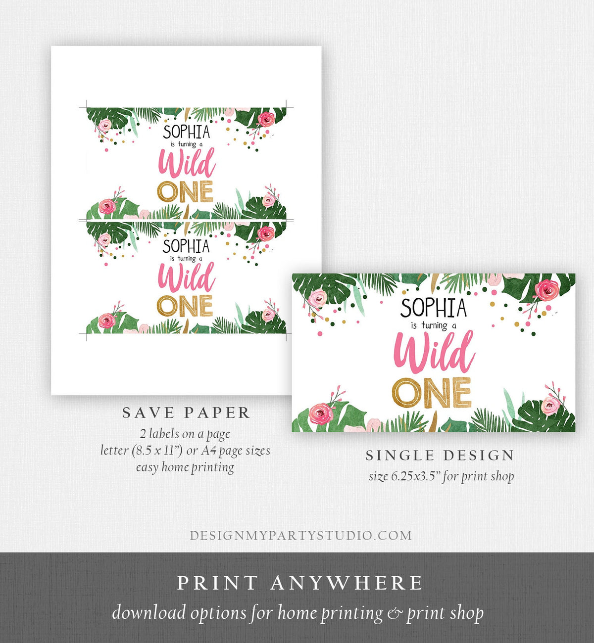 Editable Safari Birthday Gable Gift Box Labels Party Animals Gold Pink Wild One Jungle Animals First Birthday Girl Digital Corjl 0332