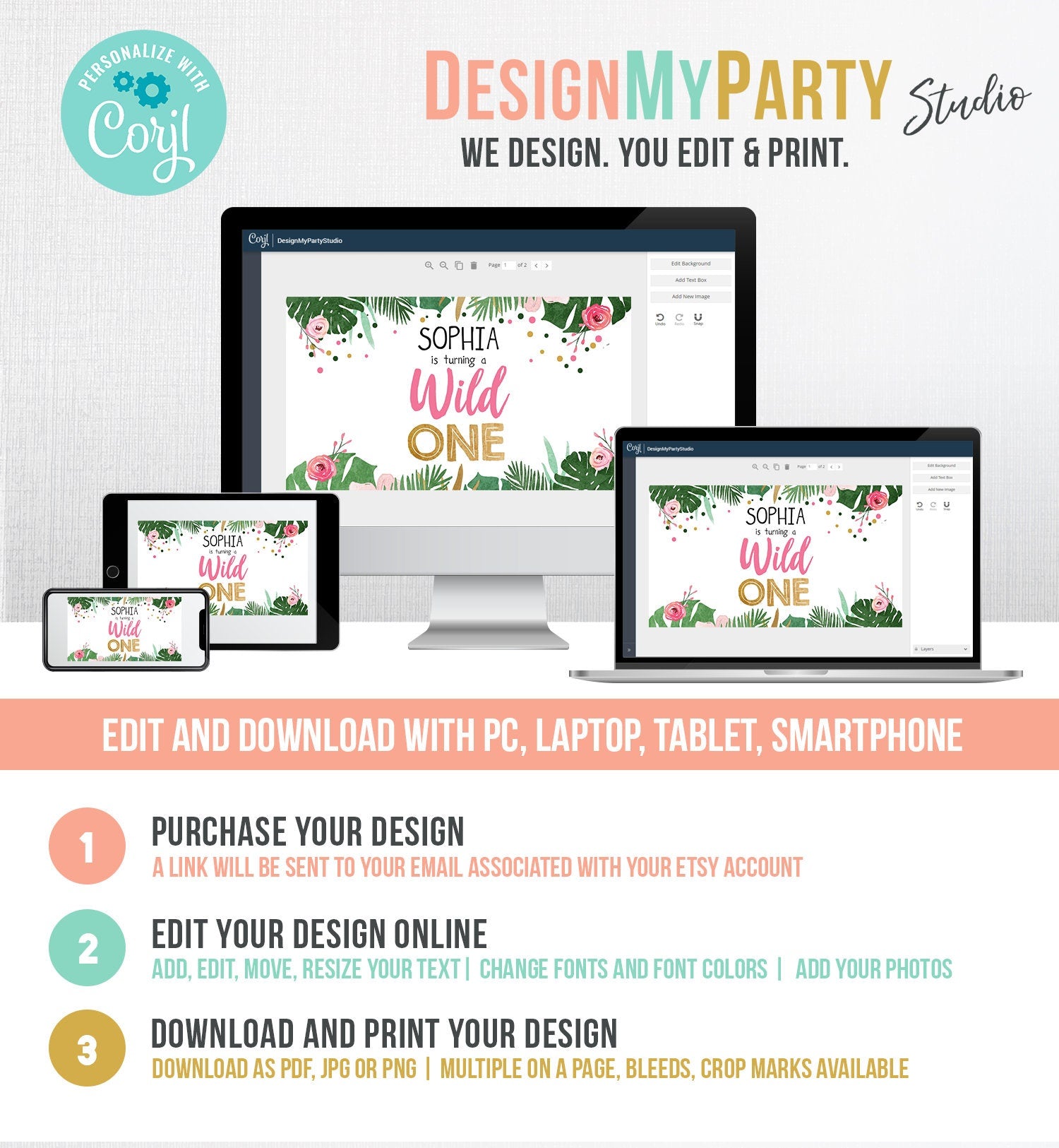 Editable Safari Birthday Gable Gift Box Labels Party Animals Gold Pink Wild One Jungle Animals First Birthday Girl Digital Corjl 0332