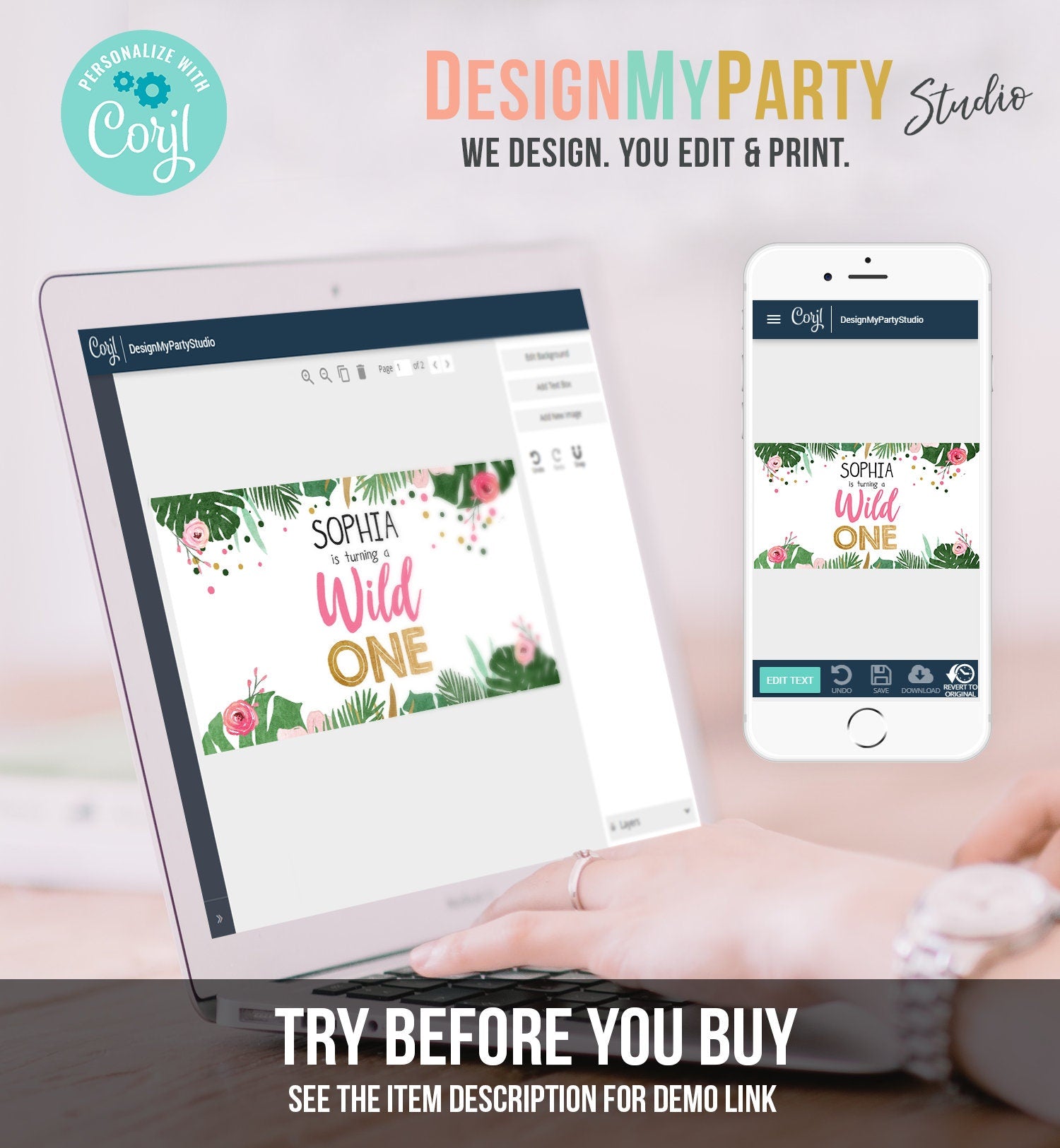 Editable Safari Birthday Gable Gift Box Labels Party Animals Gold Pink Wild One Jungle Animals First Birthday Girl Digital Corjl 0332